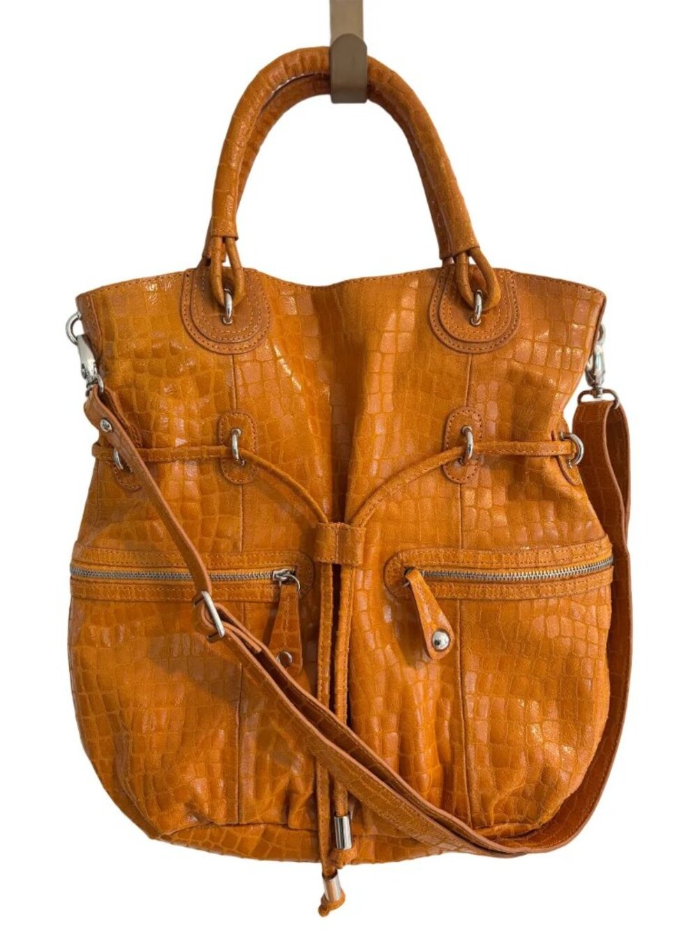 NEW HYPE Croc Embossed Large Leather Hobo Bag Yellow Orange Crossbody Strap